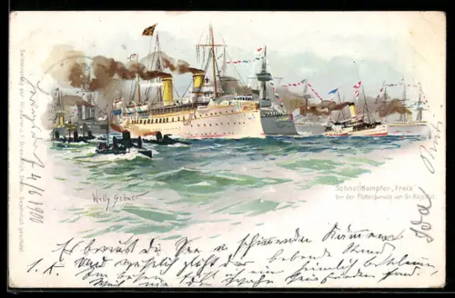 Künstler-AK Willy Stoewer: Schnelldampfer Freia bei der Flottenparade