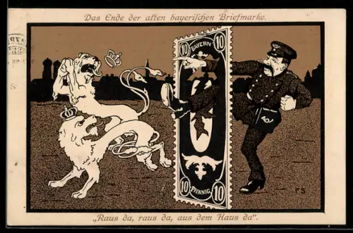 Künstler-AK Das Ende der alten bayr. Briefmarke, Postbote tritt die Löwen aus einer Briefmarke