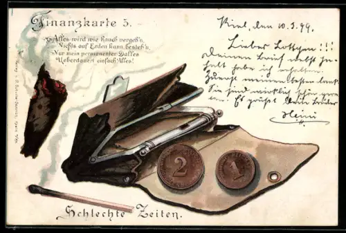 AK Finanzkarte 5, Geldbörse mit Pfennigen, Streichholz und Zigarrenstummel