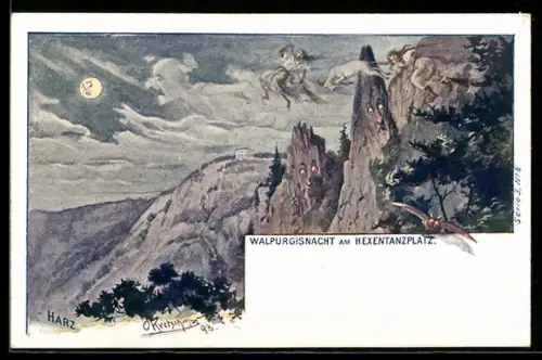 Künstler-AK O. Kretschmar: Walpurgisnacht am Hexentanzplatz, vermenschlichte Berge, Berggesichter