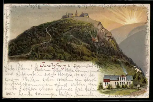Lithographie Inselsberg, Ortspartie bei Sonnenaufgang, Berggesichter