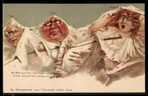 Künstler-AK Fritz Hass: Eiger, Mönch und Jungfrau, vermenschlichte Berge, Eisenbahn, Berggesichter