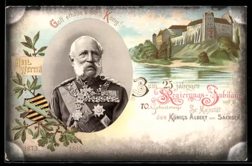 Lithographie Wettin, Burg, 25-jähriges Regierungs-Jubiläum u. 70. Geburtstag des Königs Albert von Sachsen