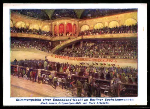 Künstler-AK Berlin, Stimmungsbild einer Sonnabend-Nacht vom Sechstagerennen, Radsport