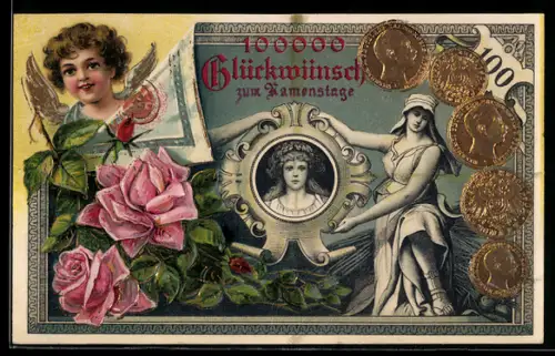 Präge-AK Reichsbanknote über 100 Mark, Glückwunsch zum Namenstag, Engel und Rosen, Geld