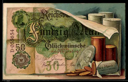Künstler-AK Reichsbanknote Fünfzig Mark, Glückwunschkarte