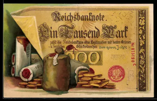 AK Geldmünzen und eine Reichsbanknote Ein Tausend Mark