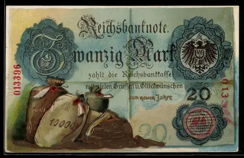 AK Zwanzig Mark Reichsbanknote mit Geldsäcken