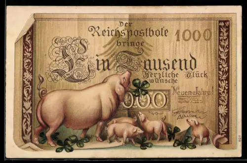 AK Sau mit Ferkeln stehen vor einem riesigen Geldschein