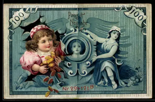 Lithographie Prosit Neujahr, Kind platzt durch Banknote