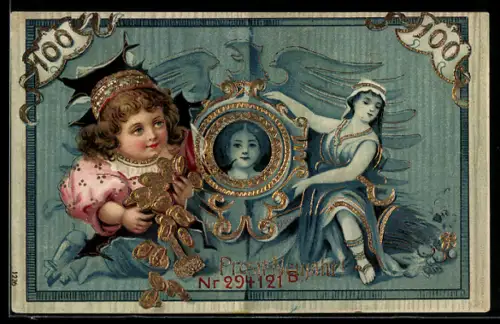 Lithographie Prosit Neujahr, Kind platzt durch Banknote