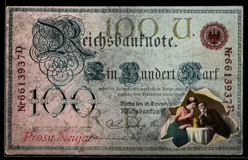 AK Einhundert Mark Reichsbanknote, mit jungem Paar das Champanger trinkt