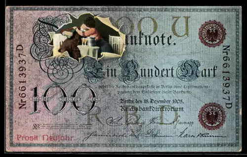 AK Dame und Herr küssen sich hinter Einhundert Mark Schein