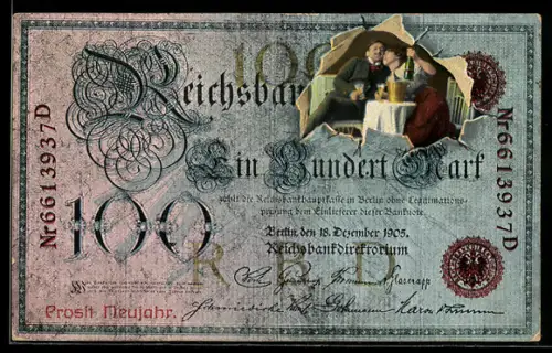 AK Reichsbank Ein Hundert Mark, Verliebtes Pärchen mit Sektflasche, Geld