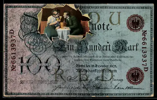 AK Einhundert Mark Note mit Sekt trinkendem Paar