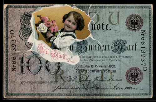 AK Reichsbanknote über 100 Mark, Kind mit Rosenblüten, Geld
