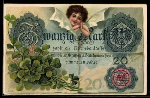 AK Reichsbanknote über 20 Mark, Neujahrsgrüsse, Kleeblätter, Geld