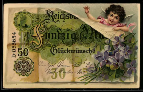 AK Engelchen grüsst mit Geldschein und Veilchen