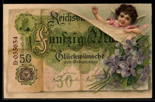 AK Engelchen grüsst mit Geldschein und Veilchen