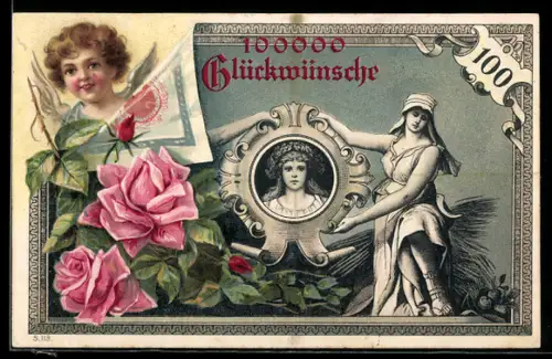 Lithographie Geldmünzen, Putto, Rosen, Porträt, 100000 Glückwünsche