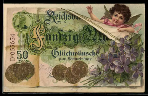 AK Reichsbanknote über 50 Mark, Glückwunsch zum Geburtstag, Engel mit Blüten, Geld