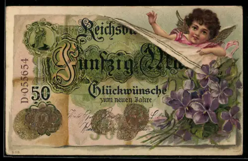 AK Reichsbanknote 50 Mark, kleiner Engel, Blumen