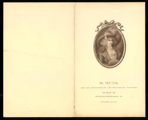 Klapp-Vertreterkarte M. Munk: Wien, Abt. für Graphische Industrie, Rotensterngasse 25