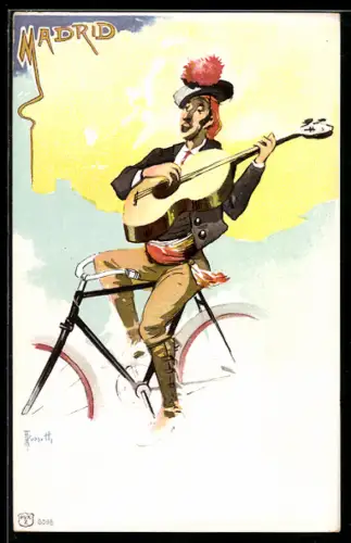 Künstler-AK sign. Rosetti: Madrid, Mann mit Gitarre auf einem Fahrrad