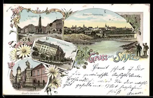 Lithographie Saaz, Schulgebäude, Ringplatz, Josefs-Denkmal