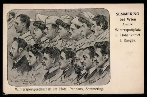 Künstler-AK Semmering bei Wien, Wintersportgesellschaft im Hotel Panhans, Portraits