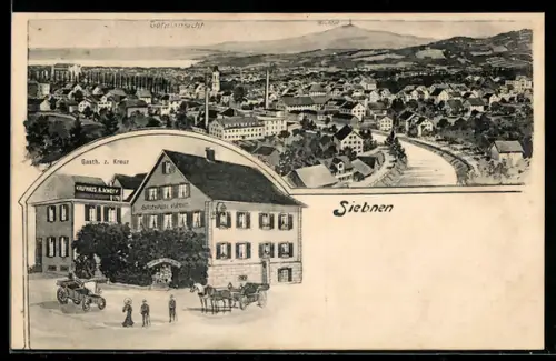 AK Siebnen, Totalansicht, Gasthaus zum Kreuz und Kaufhaus A. Knopf