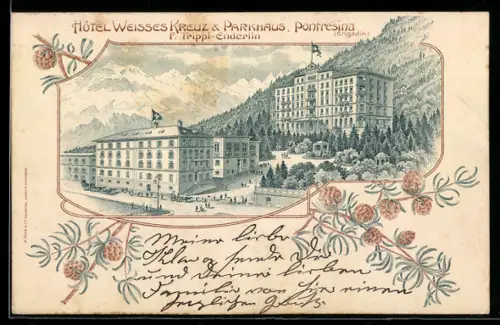 Lithographie Pontresina /Engadin, Hôtel Weisses Kreuz & Parkhaus, Inh. F. Trippi-Enderlin