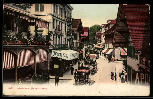 AK Interlaken, Hauptstrasse mit Cafe Confiserie Seitz