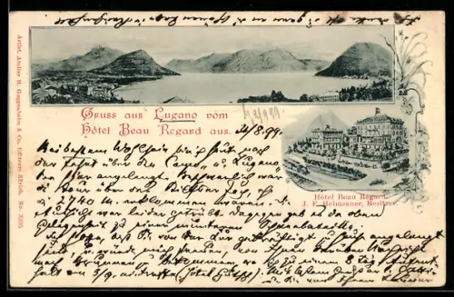 AK Lugano, Hôtel Beau Regard, Bes. J. F. Helmsaner, Panorama mit See