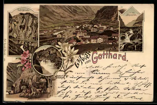 Lithographie Göschenen, In der Schöllenen, Urnerjoch mit Postkutsche, Teufelsbrücke