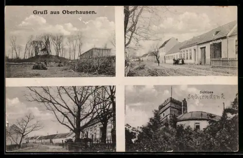 AK Gross-Enzersdorf, Strassenpartie mit Wohnhäusern, Aufblick zum Schloss