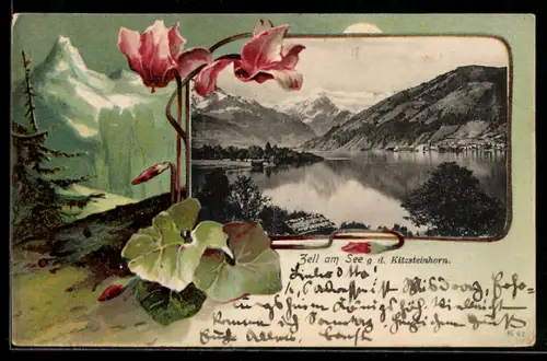 AK Zell am See, Ortspartie mit Kitzsteinhorn, Passepartout