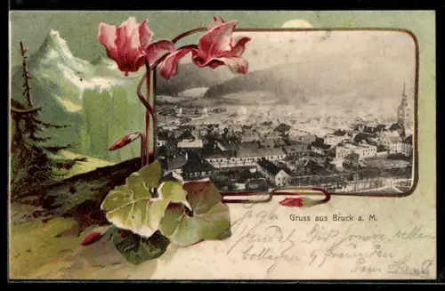 AK Bruck a. M., Totalansicht mit Alpenveilchen verziert