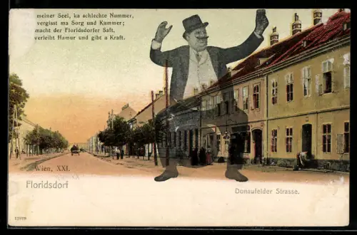 AK Wien, Floridsdorf, Partie in der Donaufelder Strasse, Mann auf einem Bierfass