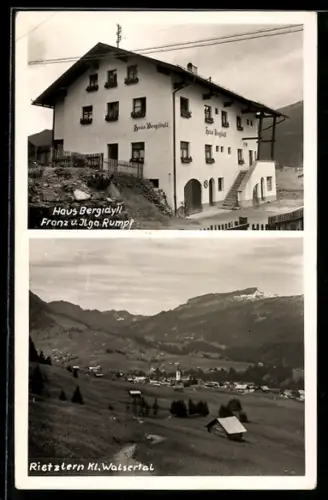AK Riezlern /Kl. Walsertal, Gasthaus Bergidyll, Franz u. Ilga Rumpf, Ortsansicht mit Tal
