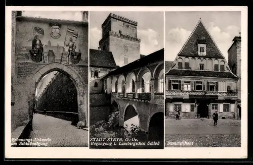 AK Steyr, Bogengang i. Lambergschen Schloss, Erbauungs-Urkunde am Schlossaufgang, Bummerlhaus