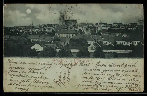 Mondschein-AK Chrudim, Ortsansicht mit Kirche