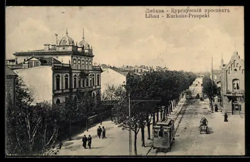 AK Libau, Kurhotel-Prosüekt, Strassenbahn
