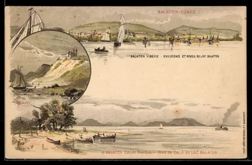 Lithographie Balaton-Füred, Drei Motive vom Plattensee