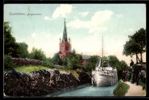 AK Trollhättan, Bergkanalen, Dampfschiff passiert den Kanal
