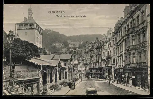 AK Karlsbad, Marktbrunnen und Marktplatz