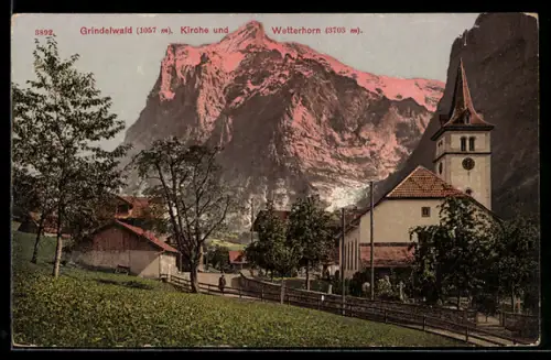 AK Grindelwald, Teilansicht des Ortes mit Kirche mit Wetterhorn