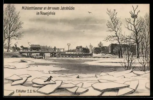 Künstler-AK Nowojelnia, Mühlentrümmer neuen Jatrabrücke