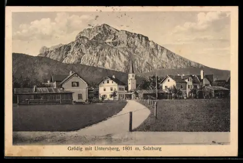 AK Grödig /Salzburg, Ortspartie mit Untersberg