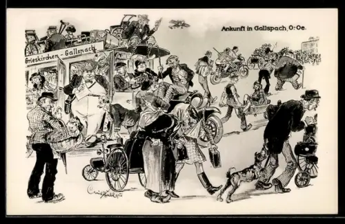 Künstler-AK Gallspach, Strassenleben mit Bus, Auto, Motorrad & Schubkarren